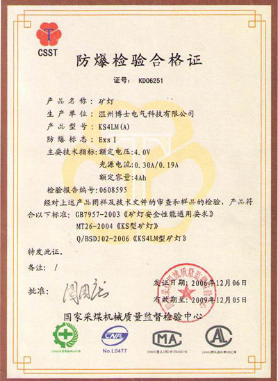 KS4LM (A) Explosion proof certificate
