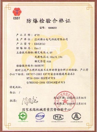 KS4LM (A) Explosion proof certificate