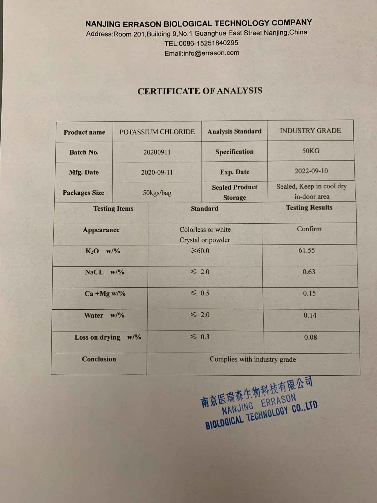 Potassium Chloride (technical grade & industrial use only in 25Kgs or 50kgs bags)