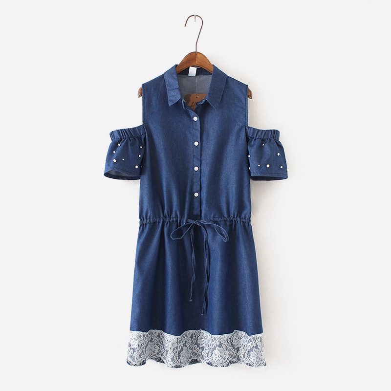 new design women off-shoulder lace hem denim dresses with bead
