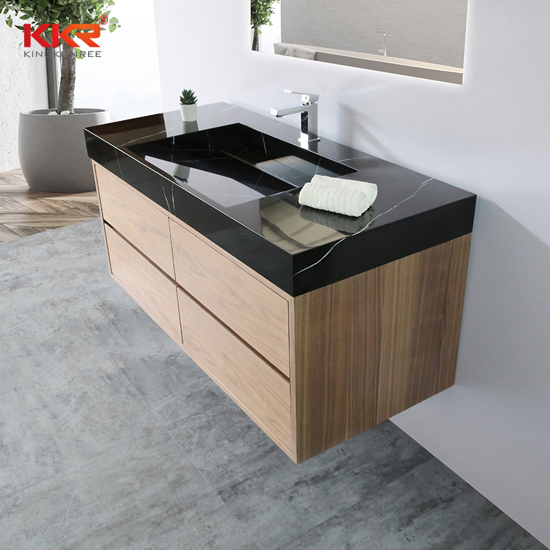 Stone Basin Wall Hung Wooden Cabinet with Black Marble Vanity Basin