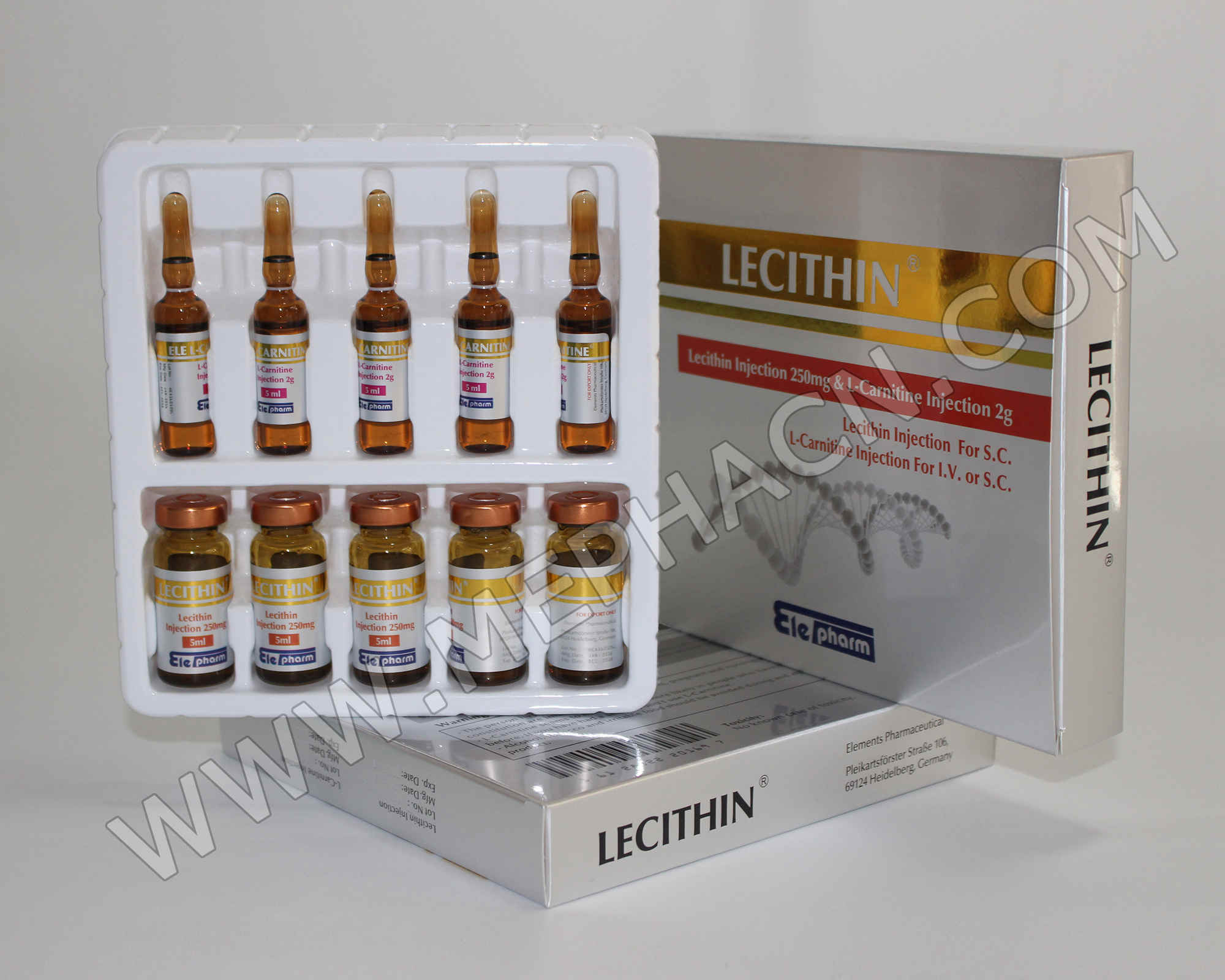 Lecithin injection 250mg & L-carnitine injection 2g 5vials+5amps/tray/box