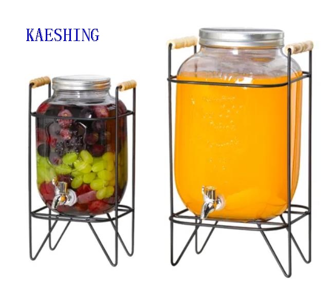 Top Quality Glass Dispenser Juice Jars with Metal Shelf