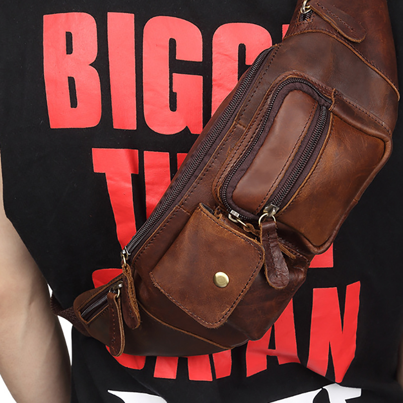 EMG6977 Crazy horse leather designer men chest logo custom belt bags luxury waterproof fanny pack waist bag