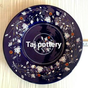 ظروف سفالی لعابی رنگ ؛ سرمه ای و سبز پلوخوری