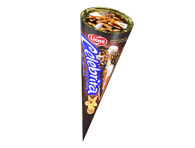 بستنی سلبریتا وانیلی کاکائویی با مغزی کارامل و تاپینگ شکلات شیری