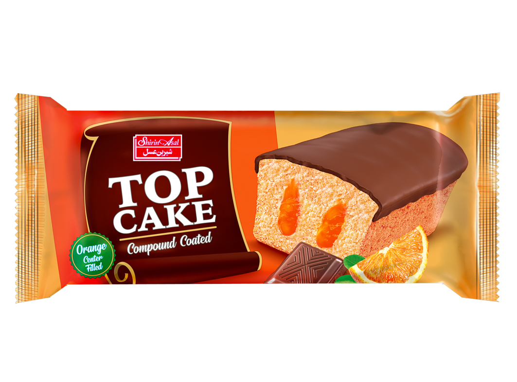 Orange-flavored topped cake with cocoa product coating