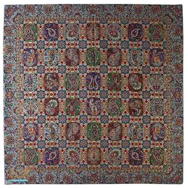 رومیزی مربع (بقچه) طرح هشت بهشت فیروزه ای