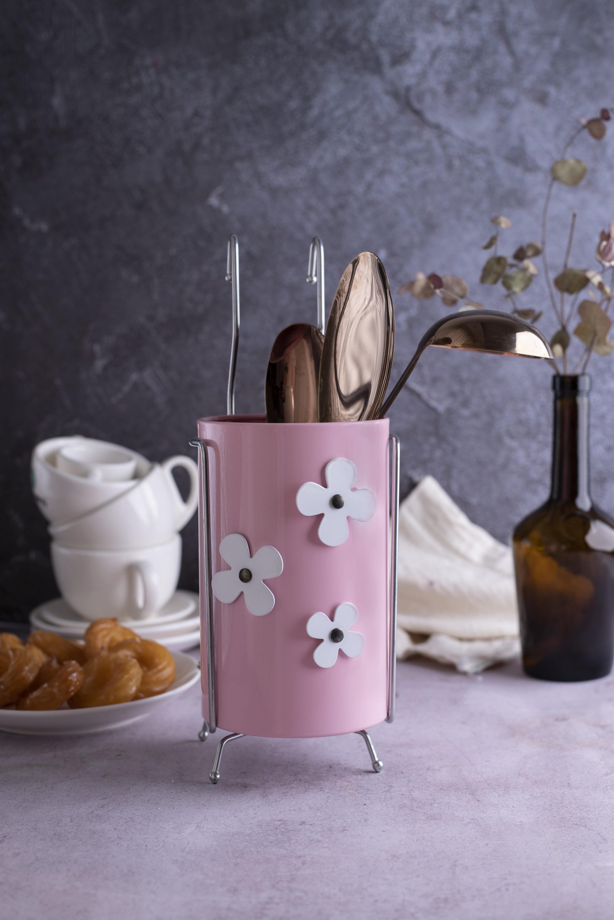 جاکفگیر و ملاقه پایه دار استیل رنگی گلدار