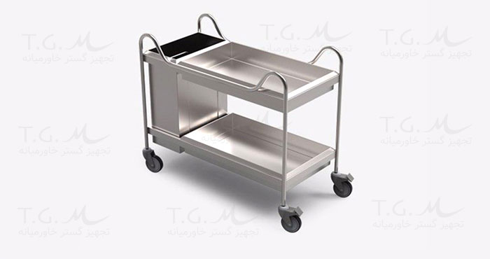A trolley for carrying dirty dishes with a tank