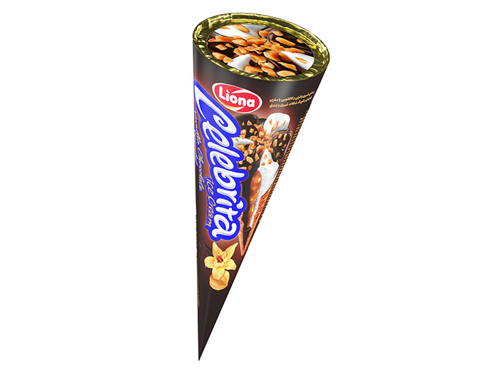 بستنی سلبریتا وانیل کاکائو با پنسیل کارامل و تاپینگ شکلات و فندق