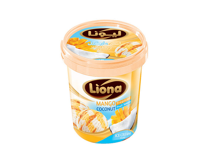 بستنی لیونا لیوانی شیری انبه و نارگیل با سس میوه های گرمسیری