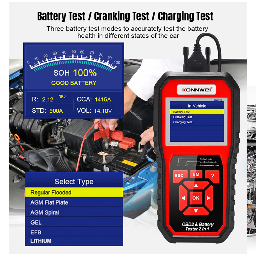 KONNWEI KW870 universal Car OBDII Diagnostic Scanner PLUS car motorcycle battery tester