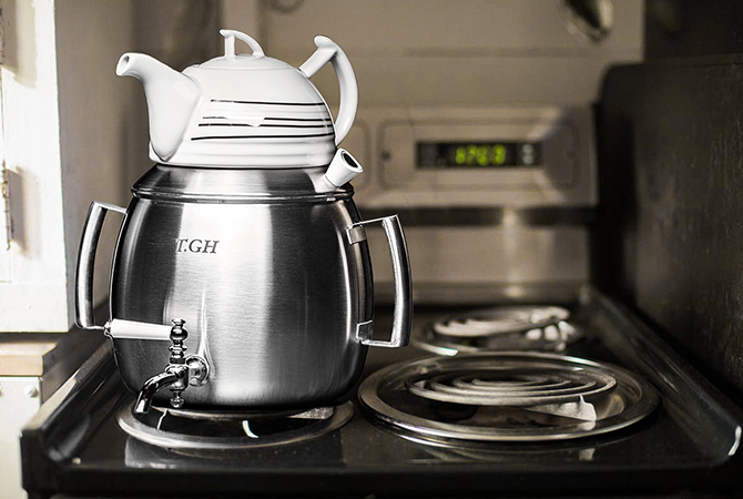 کتری استیل شیردار با قوری چینی مدل الماس