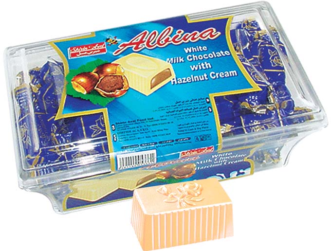 شکلات آلبینا سفید مغزدار کرم فندقی کریستال