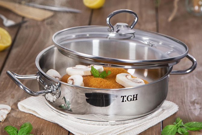 تابه استیل کف چدن سایز ۲۰ با درب پیرکس